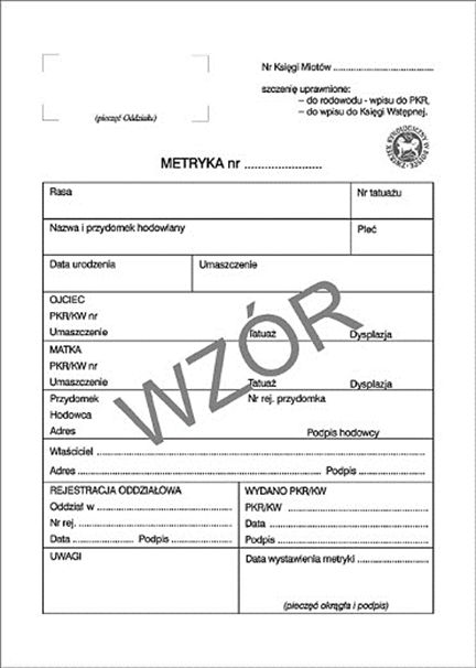 Wzór metryki ZKwP Wzór metryki ZKwP